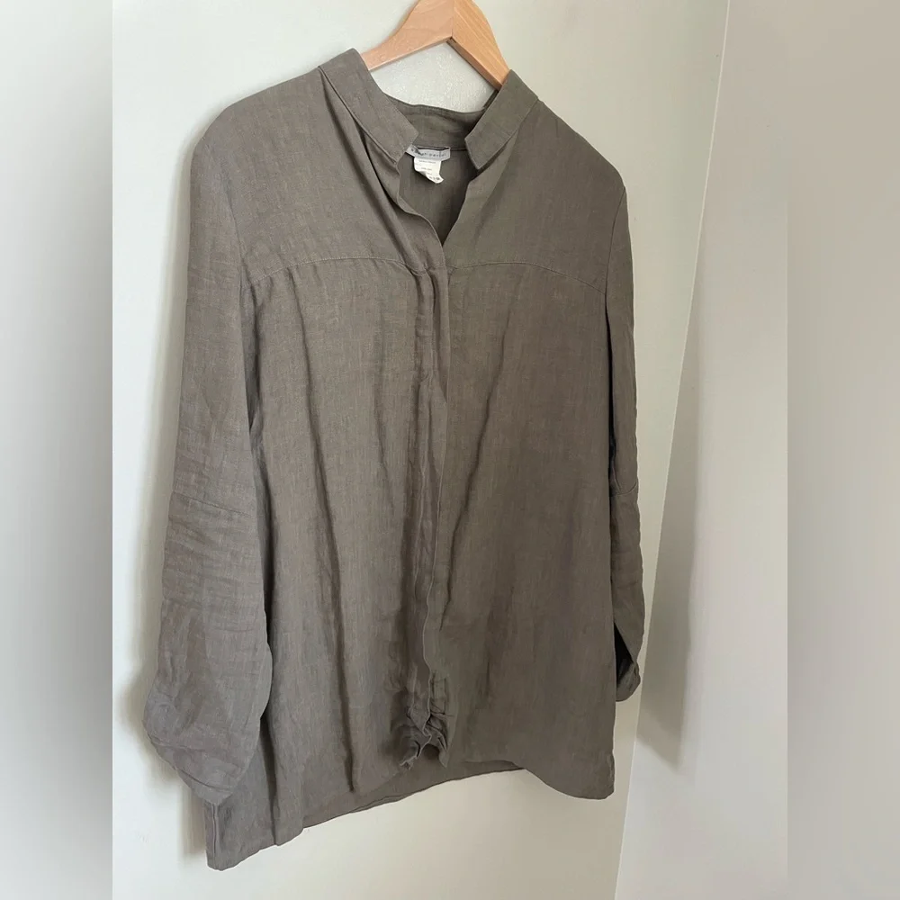 Sarah Pacini Italy 100% Linen Lagenlook Shirt Jacket Taupe S Granola Gorpcore - Picture 2 of 12